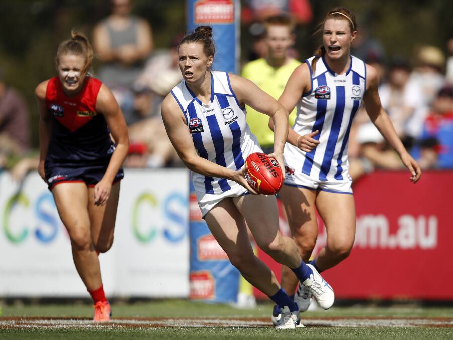 FOOTY'S ALMOST BACK: Brittany Gibson is getting ready for the start of the AFLW season later this month with the North Melbourne Tasmanian Kangaroos. Picture: Getty Images