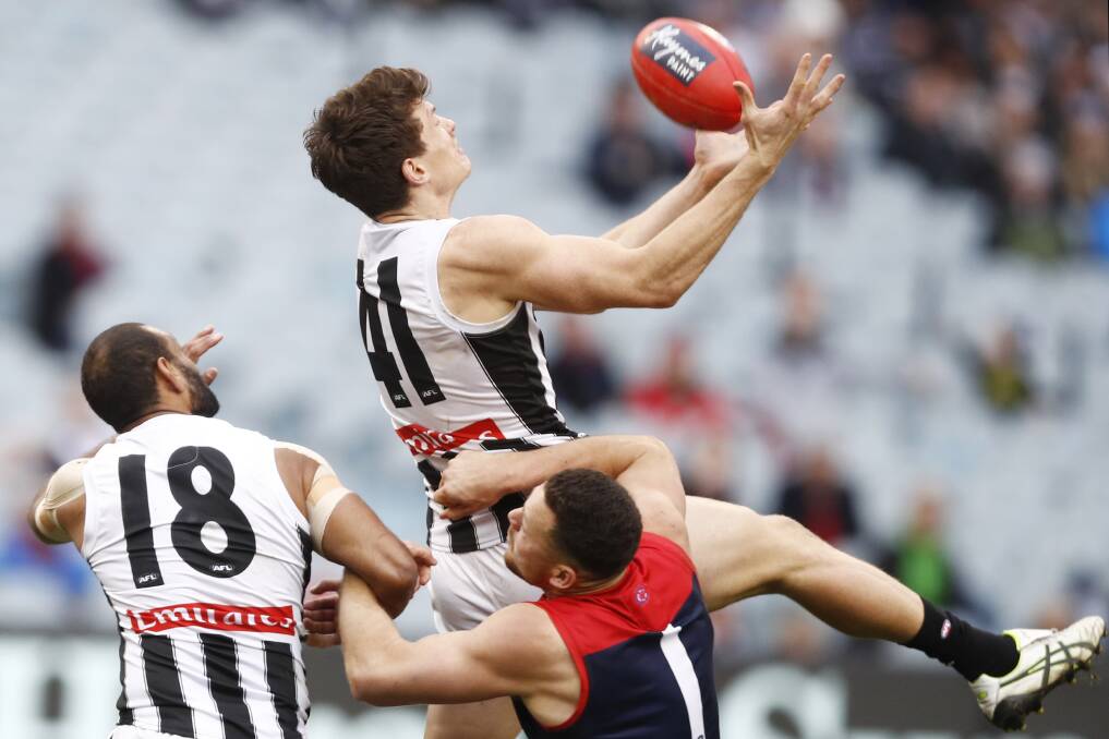 FLYING PIE: Brody Mihocek was in very good form for Collingwood with a bag of 4.1 in the Magpies' win over Melbourne on Saturday. Picture: AAP