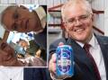Prime Minister Scott Morrison at a cannery this week, and inset a screenshot of a social media video posted from the media drinks event. Pictures: James Croucher, TikTok