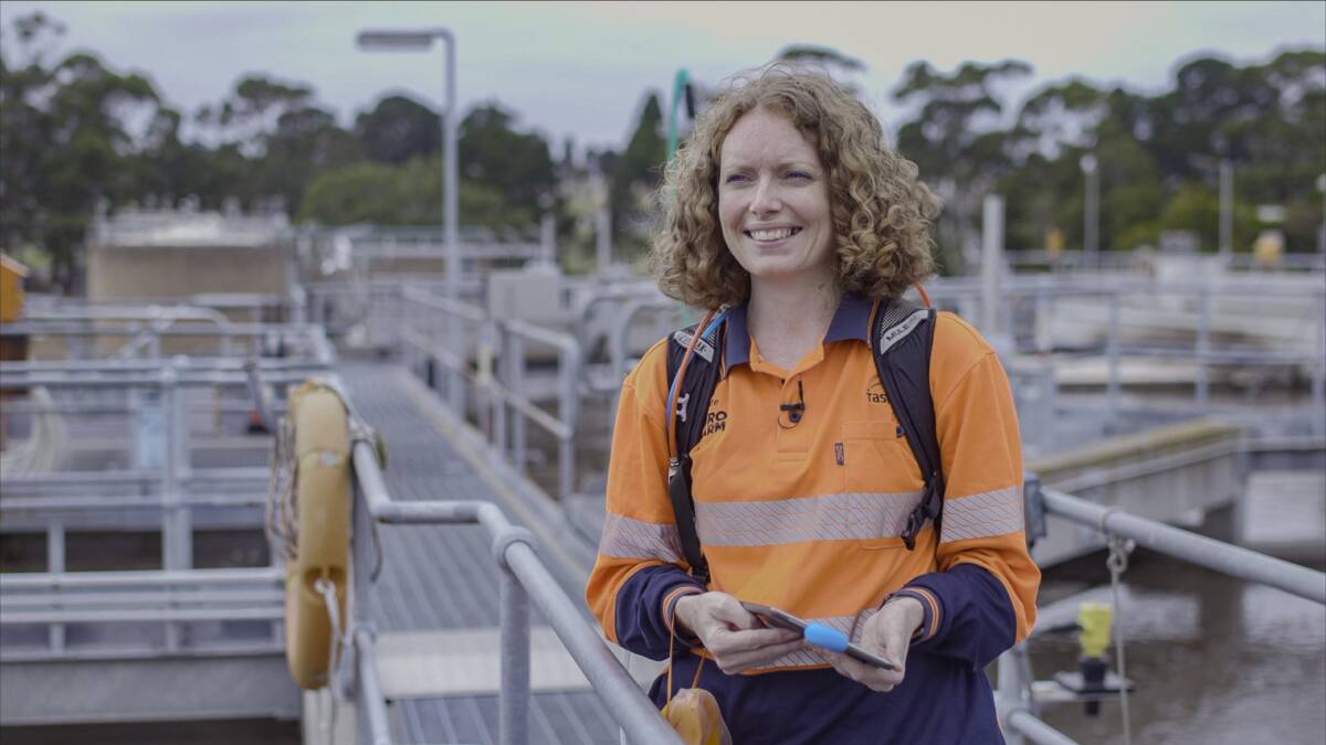 New tech: Kate Westgate in the field using the 'sniffer' a new piece of equipment helping TasWater to combat odour issues. Picture:Supplied