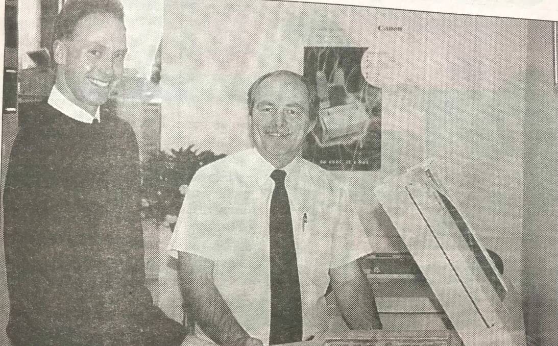 New start: Darryl Bartels and Gary Kershaw back in 1998 when they were the technicians at Phil Hughes Office Solutions. Picture: The Examiner Archives 