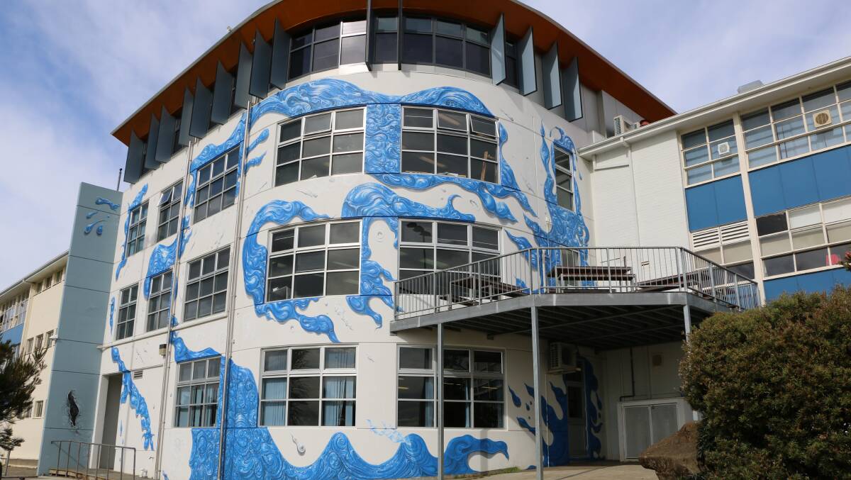 The International Orange mural on the walls of Taroona High School