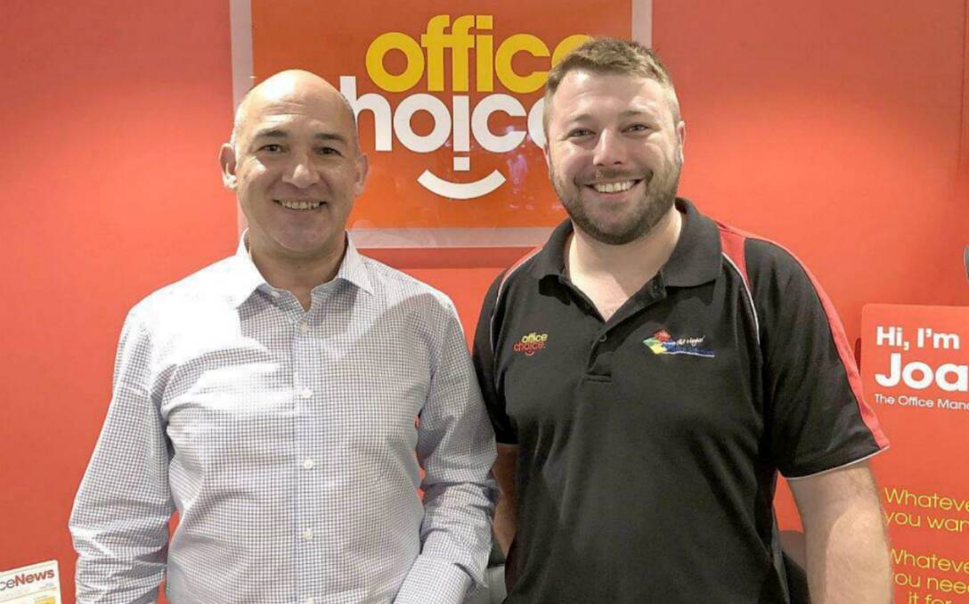 More choice: Office Choice, National IT manager Tilley Raftopoulos with Phil Hughes Office Solutions manager, Ryan Hughes. Picture: Office Choice