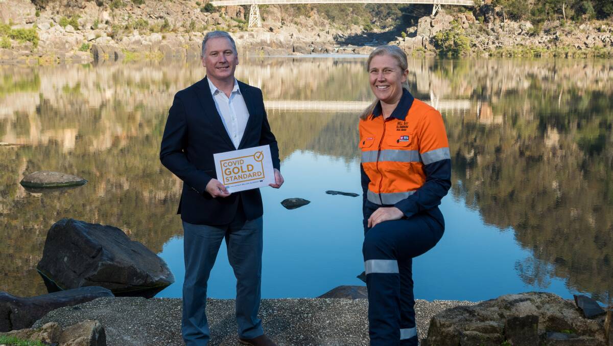 EXAMPLE: Tourism Northern Tasmania's Chris Griffin with Bell Bay Aluminium general manager Shona Markham at the media launch of the COVID-19 Gold Standard program. Picture: Phillip Biggs