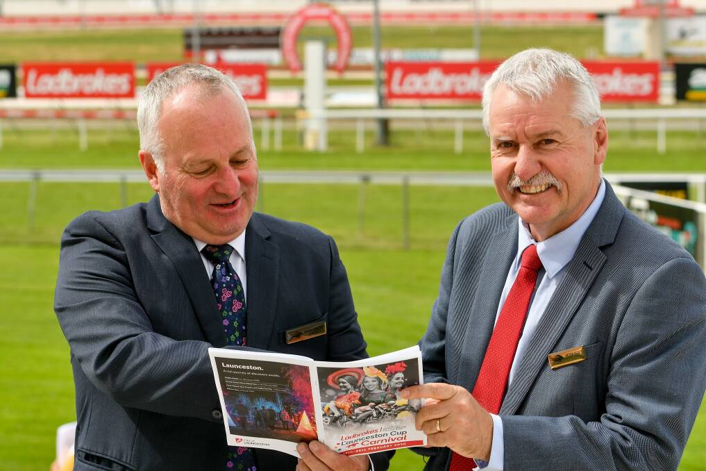 Brian White (left) and Peter Scott (right), from the Tasmanian Turf Club, looking forward to the Launceston Cup. Picture: Scott Gelston.