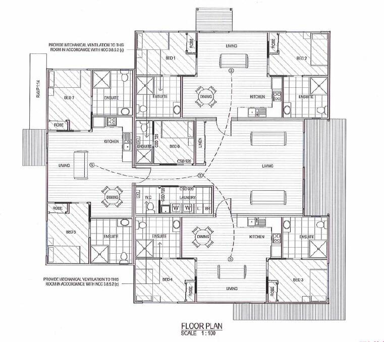 Floor plan for the proposed seven bedroom dwelling at Diamond Park estate. Picture: Northern Midland Council