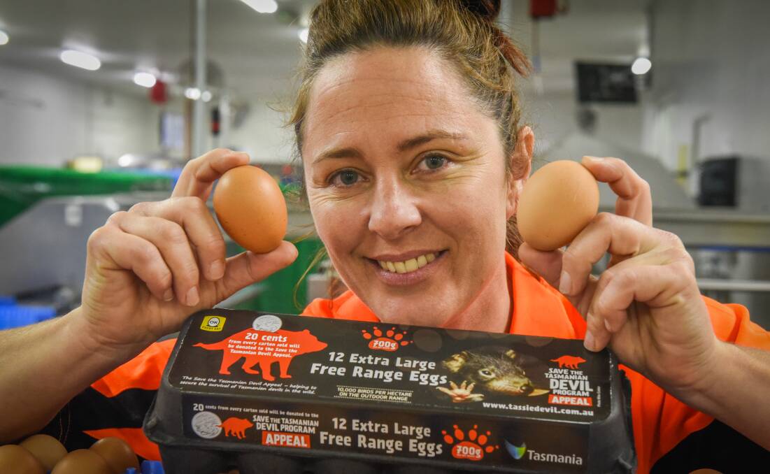 GIVING: Melanie Faulkner, crew member of Pure Foods Eggs, with a pack of eggs helping raise money for Tasmanian Devlis. Picture: Paul Scambler