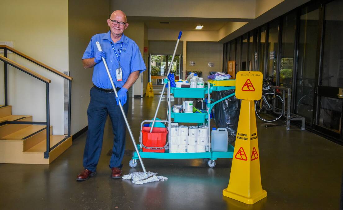 HERO: Malcolm Bartley works part-time at the Launceston General Hospital helping to keep the public safe by making sure everything is clean. Picture: Paul Scambler