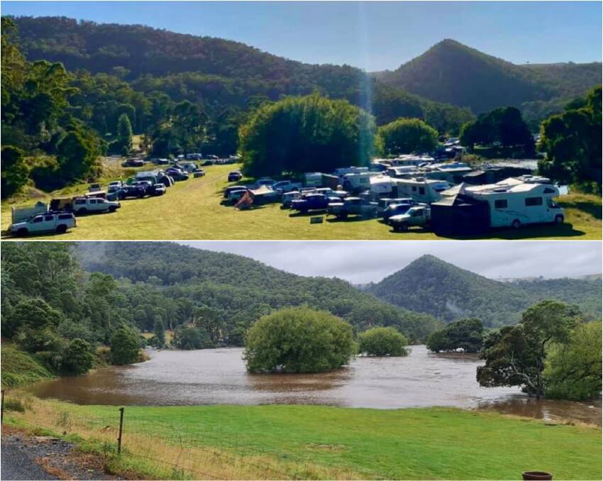 FLOOD: Before and after of camping grounds near Wings Wildlife Park. Pictures: Wings Wildlife Park/ Facebook
