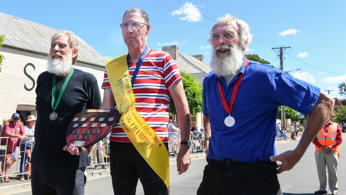 WINNERS: Over 70 winners Michael Sullivan (left), Murray Scott and Phil Jurd (right) at the National Penny Farthing Championships in Evandale. Picture: Neil Richardson