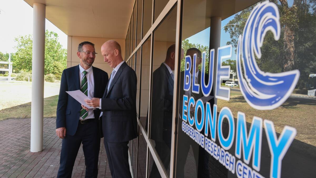 FIRST DAY: New chief executive Dr John Whittington (left) and chairperson Greg Johannes at the official launch of the Blue Economy Research Centre. Photo: Paul Scambler