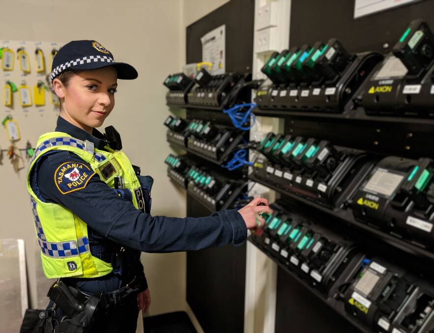Tasmania Police Constable Maddison Barron with the latest body worn camera technology at Launceston Police Station. Picture: Jackson Worthington