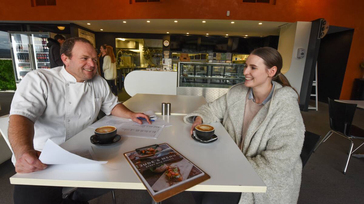 JOBKEEPER BENEFICIARIES: Jude's Cafe chef Peter Twitchett and Tailrace Centre marketing manager Rachael O'Neill are preparing for the business to reopen on Tuesday. Picture: Paul Scambler
