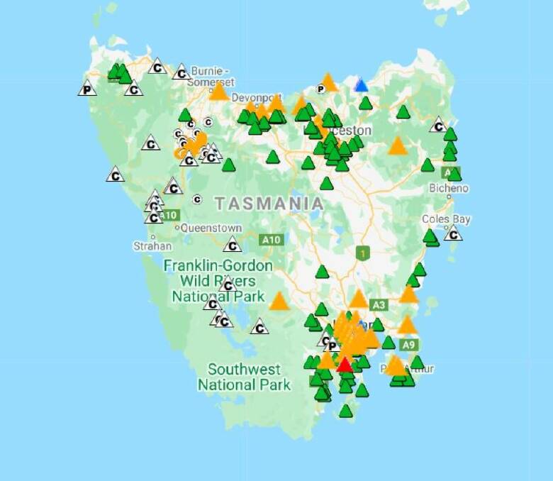 A map of prescribed burns in Tasmania on Saturday. Green signifies planned burns, yellow signifies future burns and red signifies current burns. Picture: TFS