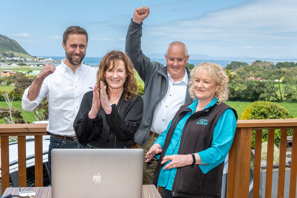 PROUD: West By North-West CEO Tom Wootton, The Ship Inn owner Kerry Houston, Circular Head Mayor Daryl Quilliam, and council tourism manager Kim Bailey react to the announcement. Picture: Simon Sturzaker