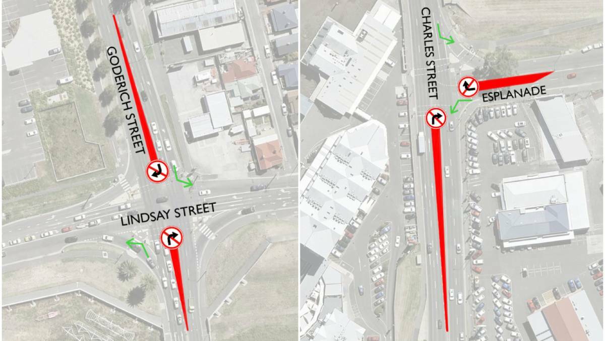 TRIAL: State Growth removed the right-hand turns at these intersections in an effort to improve traffic flow through one of Launceston's busiest areas. Pictures: Department of State Growth