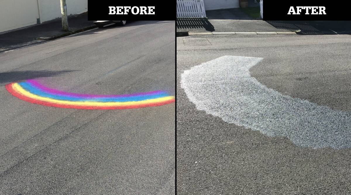 A BIT OF JOY: The photo on the left was taken after the rainbow was painted on Adelaide Street, East Launceston. Dr Bell said it was about three metres long. The photo on the right is after the Launceston City Council tried to remove it.