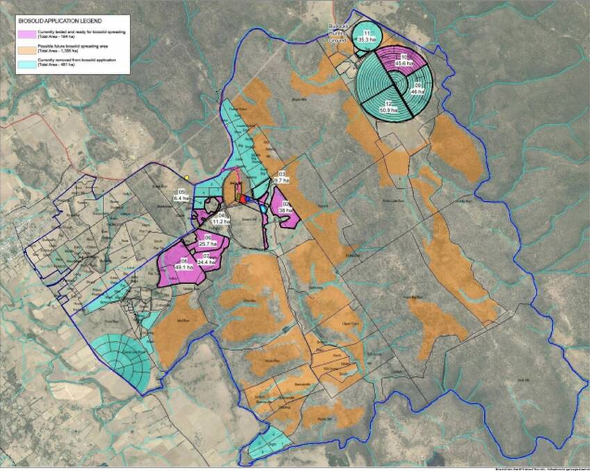 DA: The proposed biosolids processing facility approved spreading areas, 194 hectares, are marked in pink. The proposed 1386 hectares for future spreading is marked in orange. Picture: supplied.