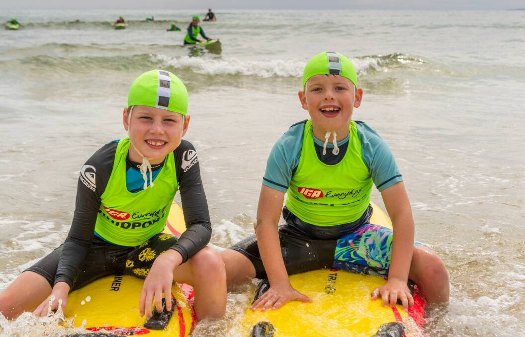 BIG WAVE: Nippers Gus McCarthy and Albie McCallum brush up on their skills ahead of the Australia Day Bridport Splash. Picture: Phillip Biggs
