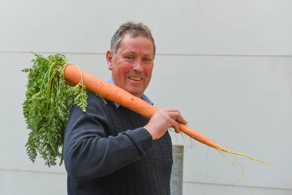 WHAT AN EFFORT: Warren Prewer grew one of the state's longest carrots, measuring at 1.4 metres long. Picture: Paul Scambler.