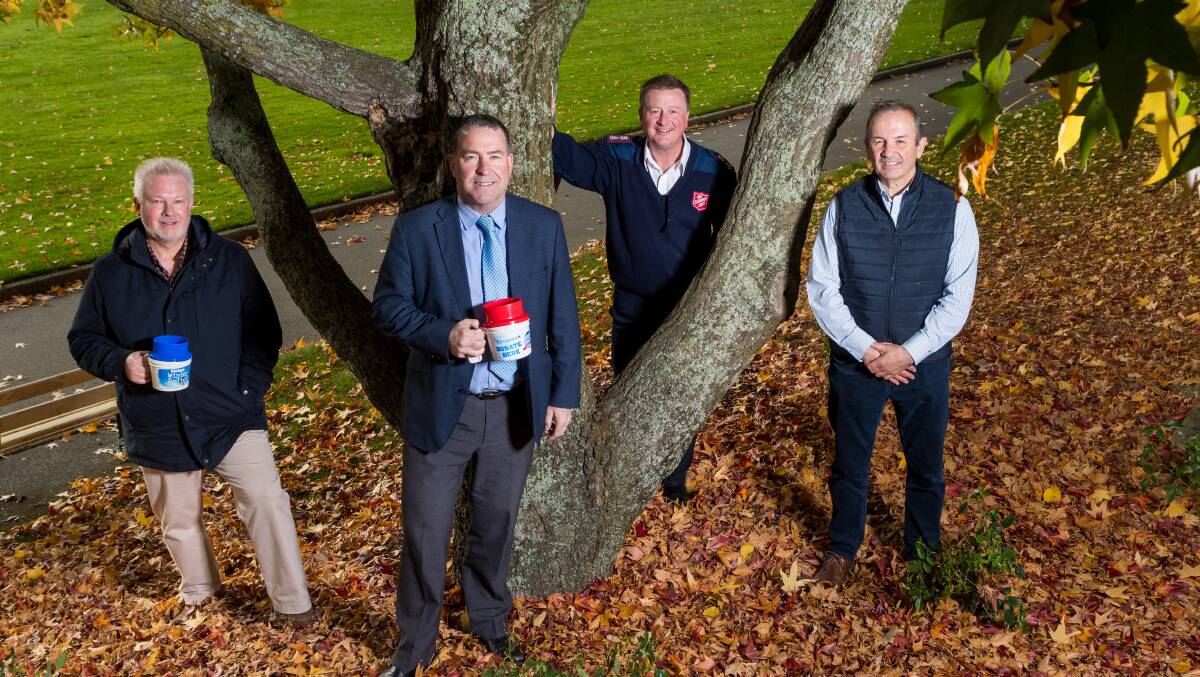 SUPPORT: Benevolent Society chief executive Rodney Spinks, City Mission chief executive Stephen Brown, Salvation Army area officer Kevin Lumb and St Vincent de Paul Society state president Mark Gaetani. Picture: Phillip Biggs.