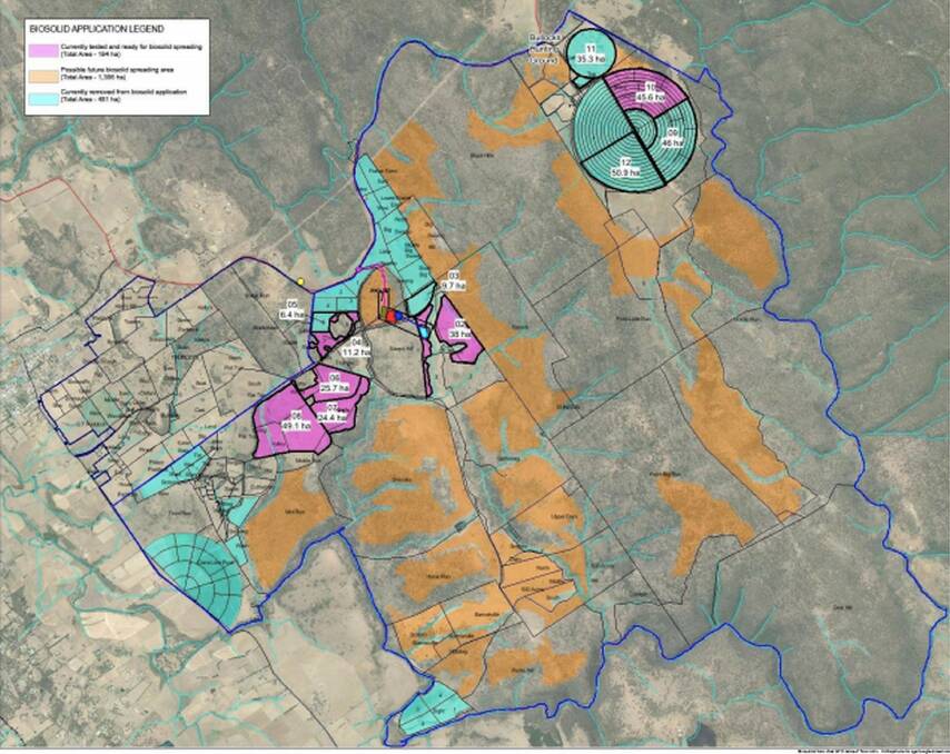 DA: The proposed biosolids processing facility approved spreading areas, 194 hectares, are marked in pink. The proposed 1386 hectares for future spreading is marked in orange. Picture: supplied.