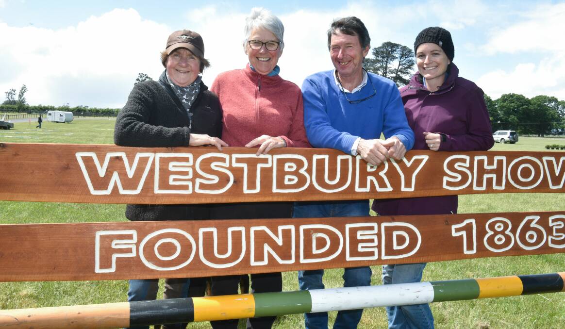 WELCOME BACK: Westbury Show horse committee Judy Kilby, Elizabeth Richards and Elise Lindsay with course designer John Vallance. Picture: Neil Richardson.