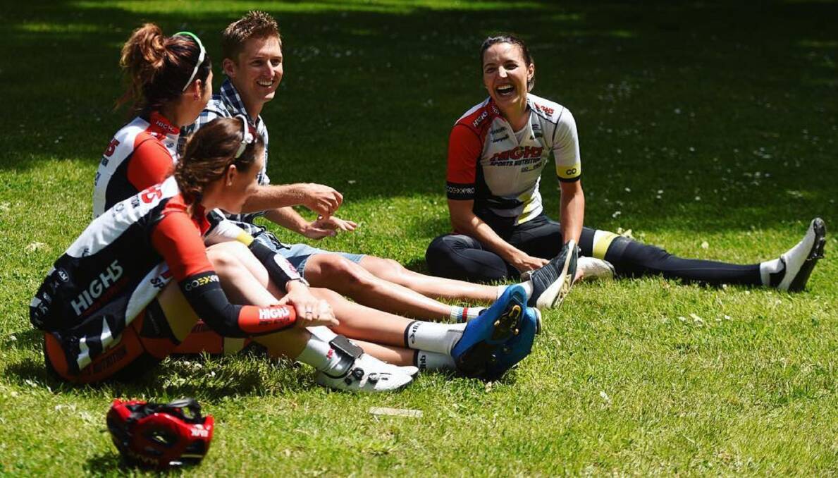 Retiring cyclist Wes Sulzberger shares a joke with Hi 5 dream team members Kendelle Hodges, Georgia Baker and Rebecca Wiasak. Picture: Scott Gelston