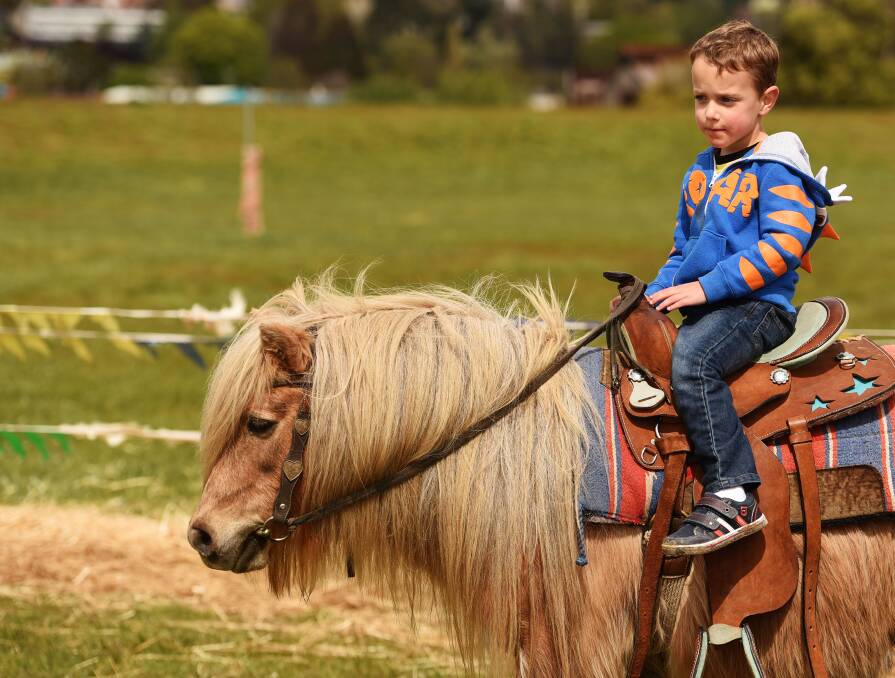 Noah Quillerat, 5, of Launceston takes a ride on Toby the pony	