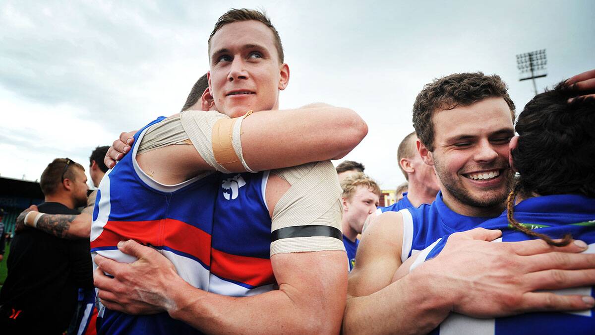 Mitch Thorp and Jay Blackberry after South Launceston won the TSL Grand Final.