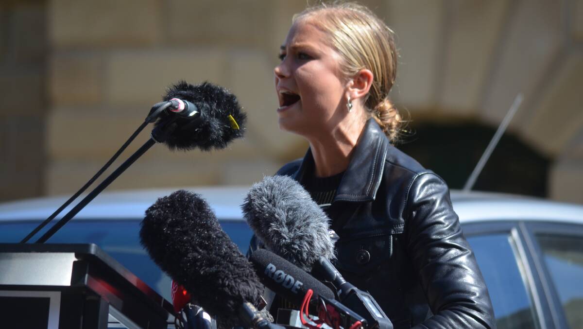 Australian of the Year Grace Tame speaks at a March 4 Justice rally in Hobart on Monday