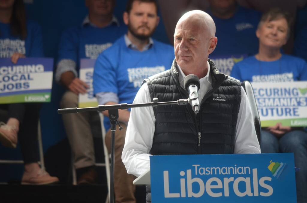 Premier Peter Gutwein addresses the crowd at the Liberal Party's election campaign launch in Rokeby on Sunday. Picture: Matt Maloney