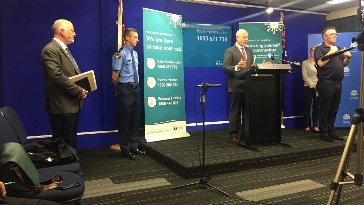Premier Peter Gutwein address media on Wednesday morning with Public Health director Mark Veitch and Police Commissioner Darren Hine.
