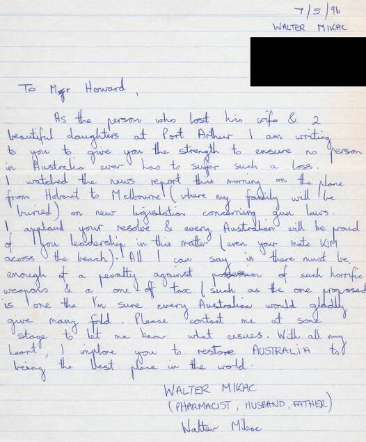 A letter sent from Walter Mikac to John Howard on May 7, 1996.