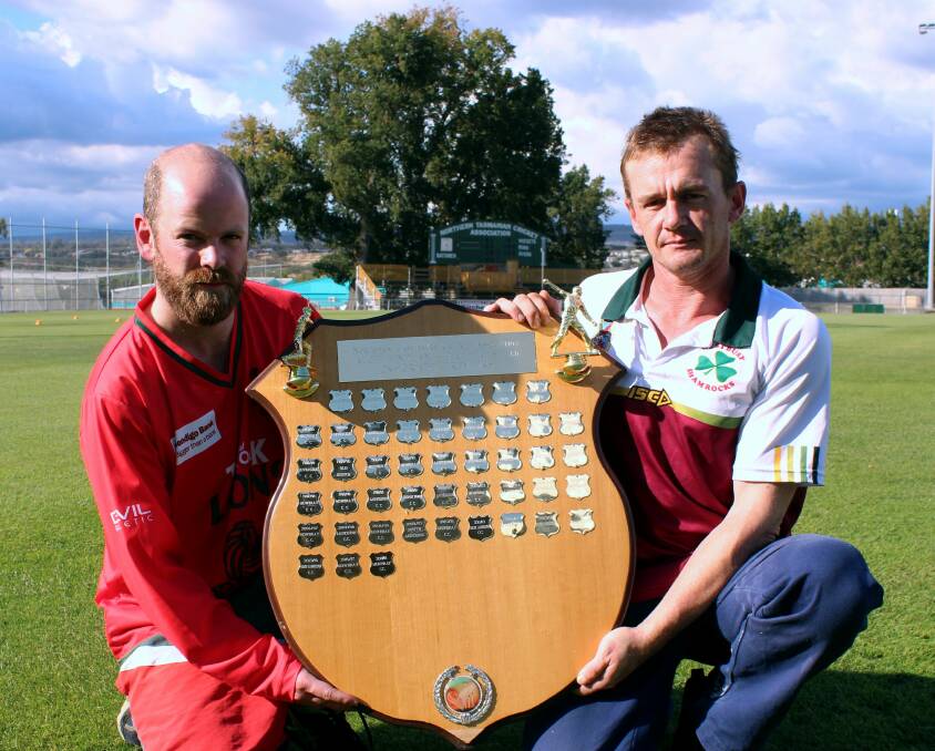Game on: Lawrence Dodson and Conrad Chugg with the NTCA second grade shield. Picture: Hamish Geale