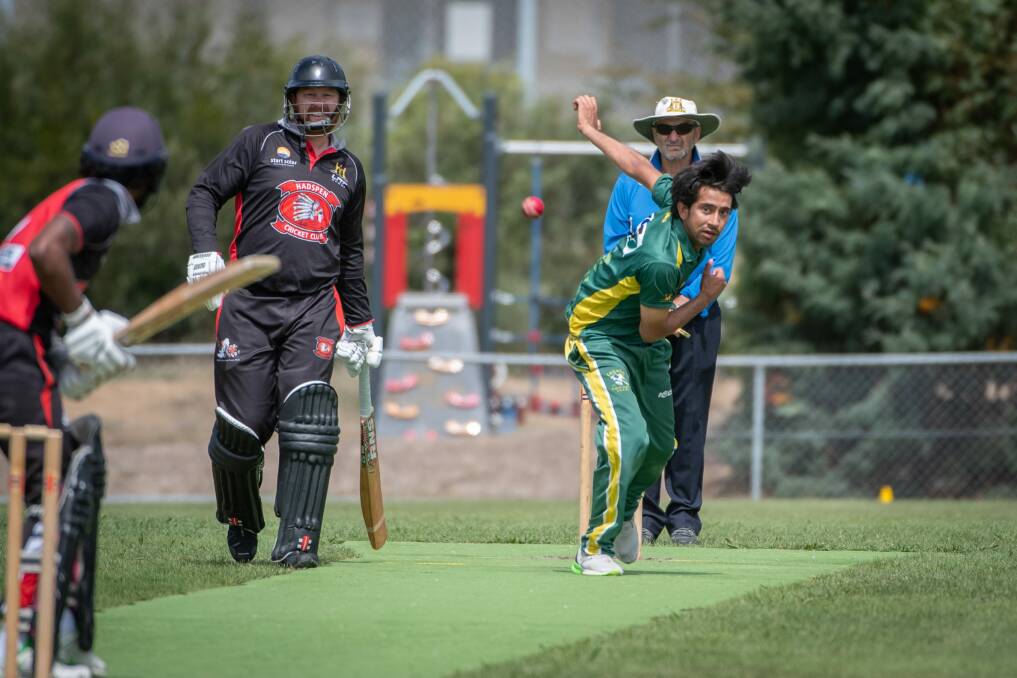 SEAM UP: Legana bowler Kelash Kumar sends one down as Hadspen batsman Dane Anderson looks on. Picture: Paul Scambler