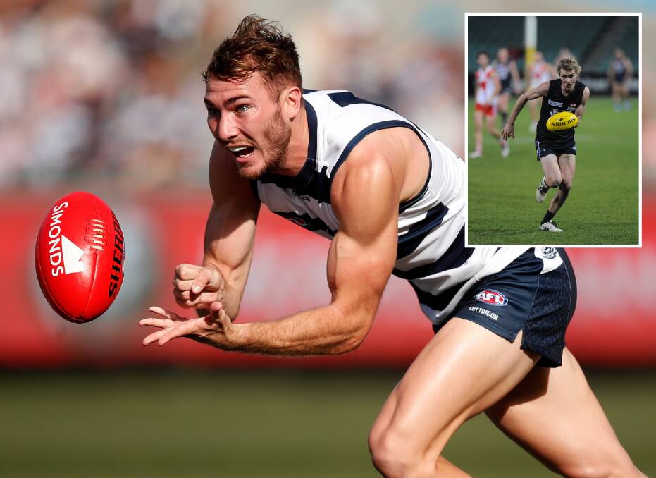 Jackson Thurlow playing for Geelong in 2018 and Launceston in 2011 (inset). Pictures: Getty Images, File