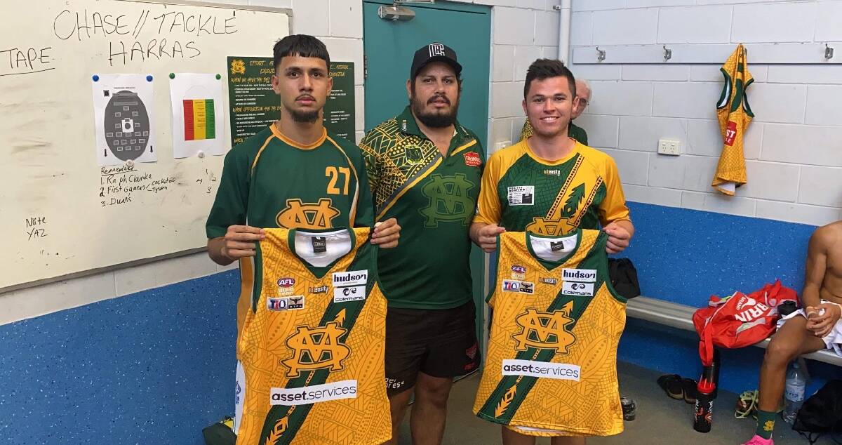NEW BLOOD: Five-time St Mary's premiership player Jack Long presents debutants Preston Cockatoo-Collins and Tasmania's Stan Tyson. Picture: Supplied
