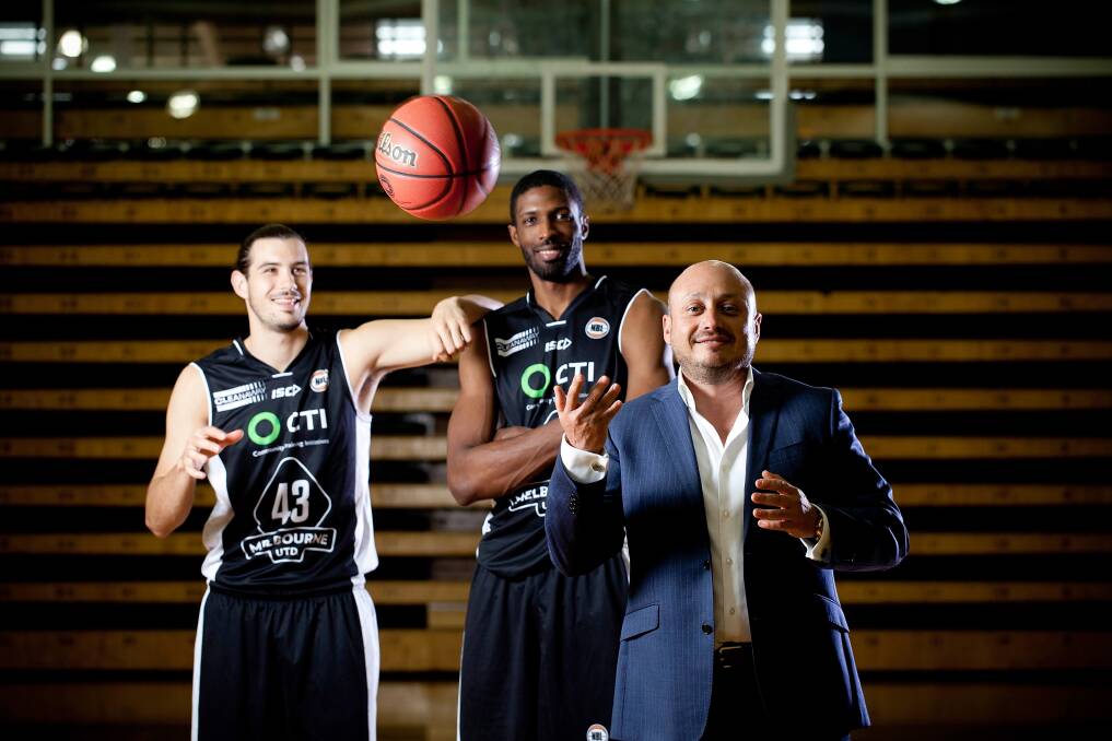 NBL boss Larry Kestelman alongside Tasmanian basketballer Chris Goulding and Hakim Warrick in 2015.
