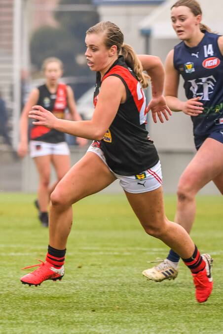 Striding: North Launceston's Jemma Blair is one of the Bombers' young guns who have impressed this season. Picture: Neil Richardson