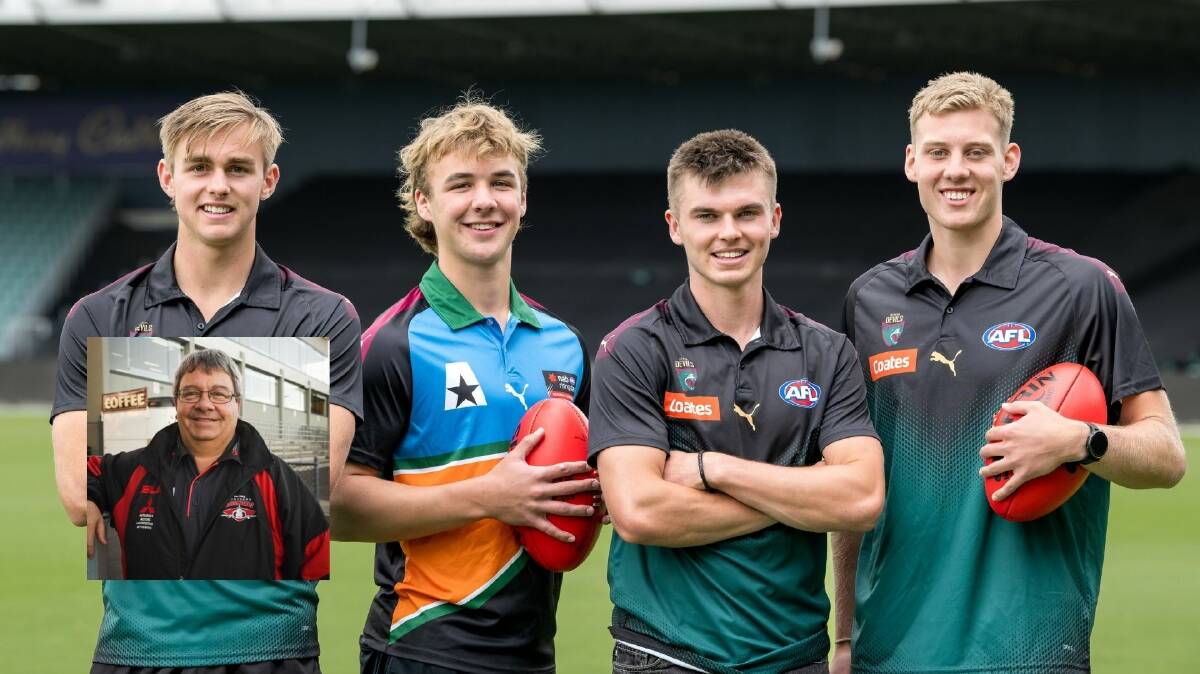 Tasmania's four AFL draftees James Leake, Ryley Sanders, Colby McKercher and Arie Schoenmaker. Inset: North Launceston president Thane Brady. Pictures by Phillip Biggs, Paul Scambler