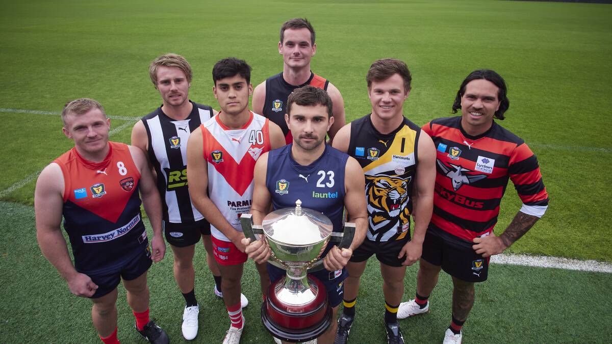 Players from all seven of the Tasmanian State League clubs. Picture by Rod Thompson