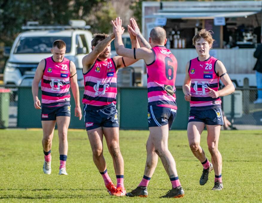 UP HIGH: Brodie Palfreyman and Michael Musicka celebrate a goal, with Launceston wearing special pink kits. Picture: Paul Scambler