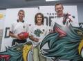 Abbey Green, Kim Millar and Jack Riewoldt at the launch of the Tasmanian AFL team. Picture by Craig George