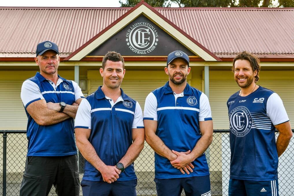 Feeling good: Outgoing Old Launcestonians coach Paul Beechey, incoming senior coach Laine Cleaver, new assistant Darren Crawford and president Tom Harrison at the clubrooms in Invermay. Picture: Scott Gelston