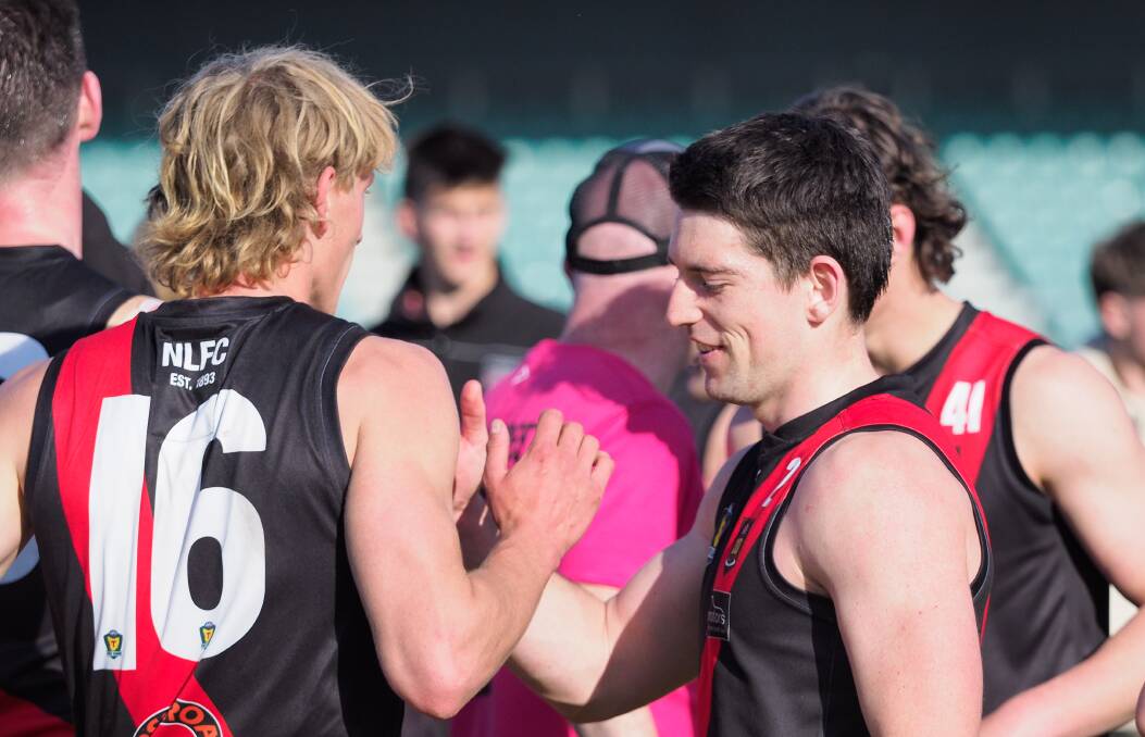 North Launceston's Ben Simpson celebrates making the 2023 TSL grand final with teammate Connor Leeflang. Picture by Rod Thompson
