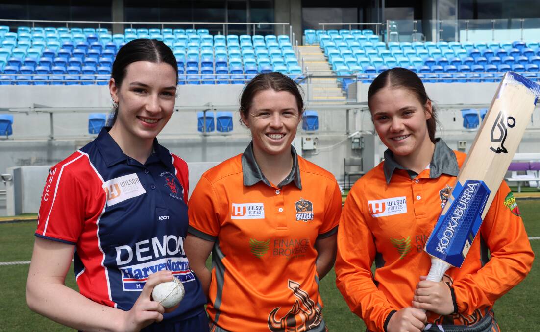 READY TO GO: North Hobart's Clare Scott with Greater Northern Raiders duo Sasha Moloney and Emma Manix-Geeves. Picture: Cricket Tasmania