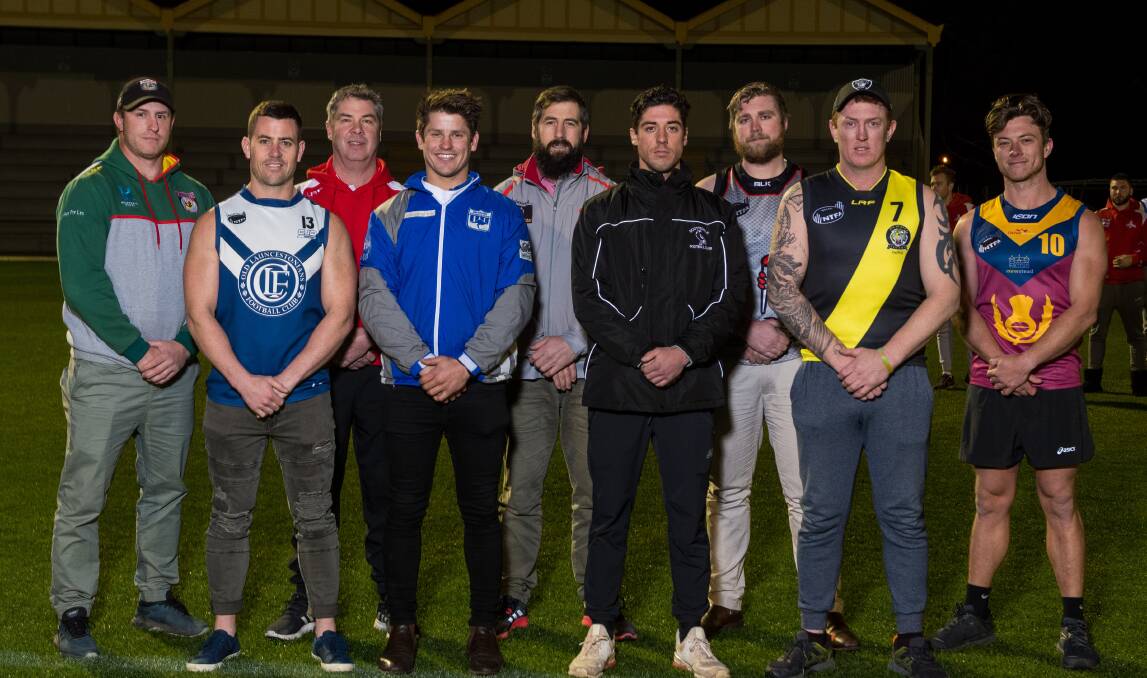 Top dogs: The NTFA Shield coaches (with Old Scotch's Jonty Swallow in place of Brayley Coombes) stand tall. Picture: Phillip Biggs
