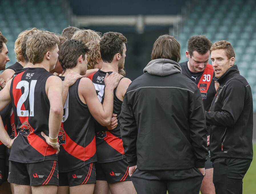 Getting attention: North Launceston coach Brad Cox-Goodyer speaks to his group earlier this season. Picture: Craig George 