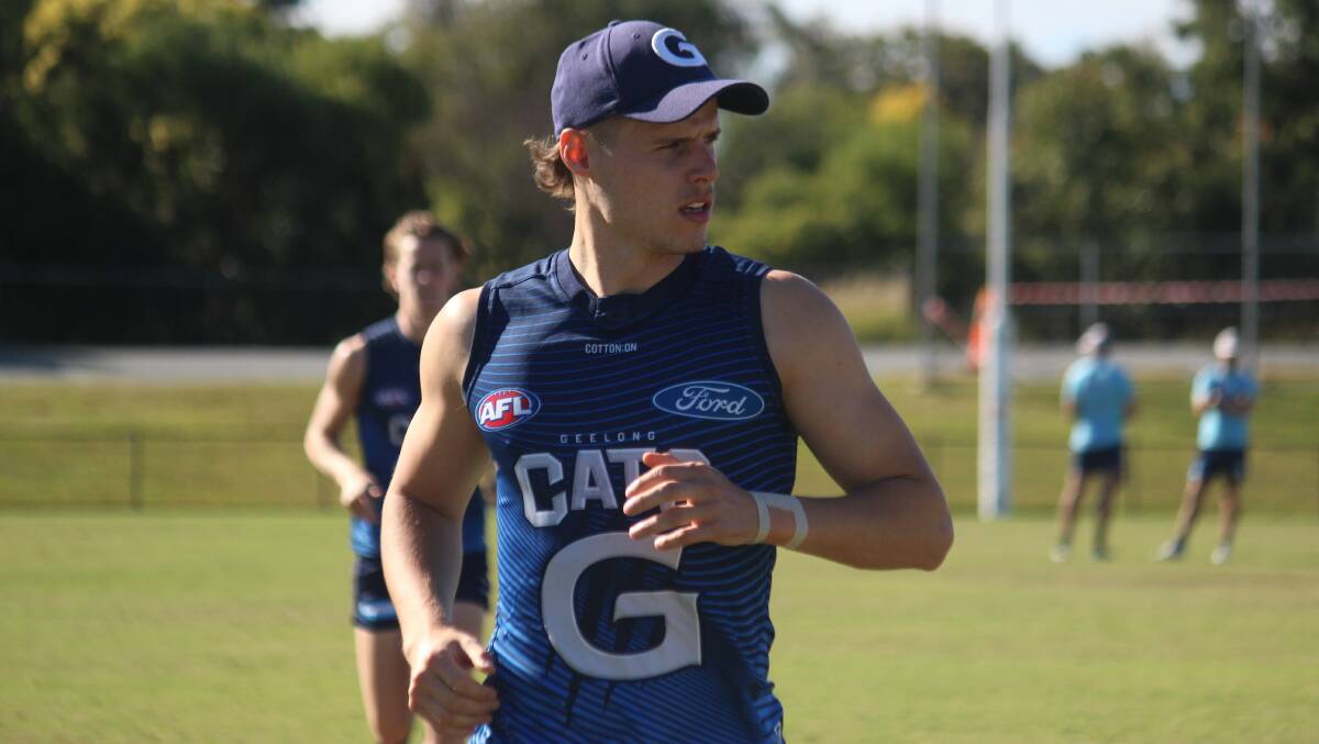 Centurion: Jake Kolodjashnij hitting the training track before his 100th game on Monday. Picture: Geelong Cats Media